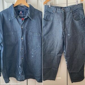 RARE!VINTAGE 90’s Y2K KANI Herringbone Denim Shirt Carpenter Jeans Set SZ XXL/34